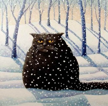 Чорний кіт на білому снігу